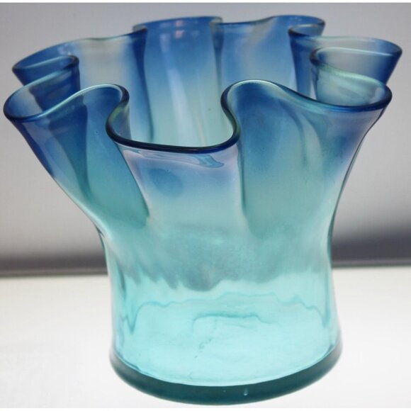 MC Handkerchief Ombre Blue Glass Vase Ruffle Wave Beach Summer Wide Bowl Ocean - Picture 4 of 11